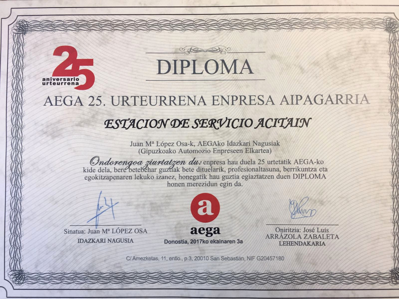 Aega 25 años, diplona de reconocimiento Estacion Servicio Acitain, AVIA - Eibar