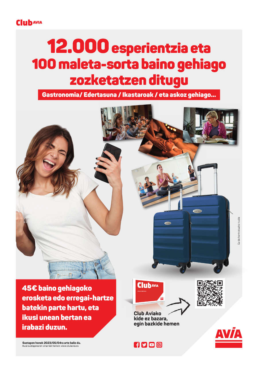Cartel promoción AVIA 12.000  experiencias y + de 100 lotes de maletas - ES Eibar