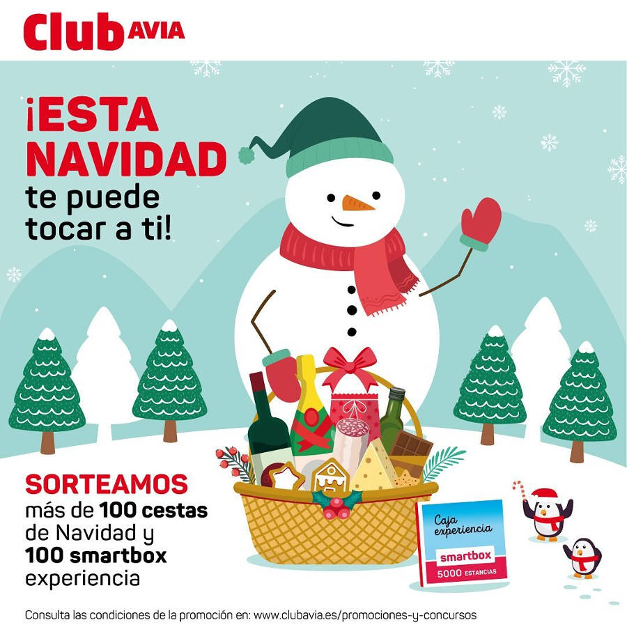 Cartel sorteo más de 100 cestas de navidad y 100 Smartbox, promoción Club Avia - navidades 2024